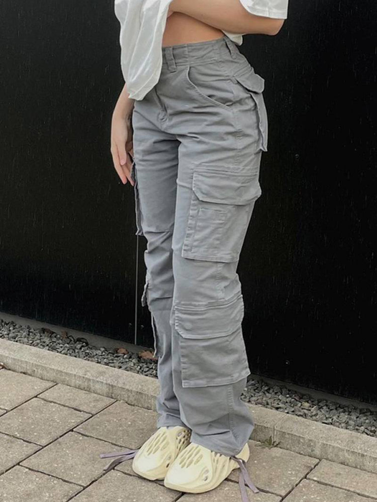 Y2K style wide leg baggy cargo pants with flap pockets in dark gray
