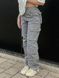 Y2K style wide leg baggy cargo pants with flap pockets in dark gray