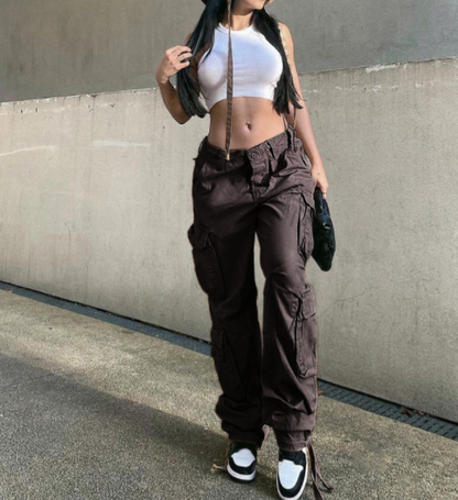 Y2K style wide leg baggy cargo pants with flap pockets in light brown